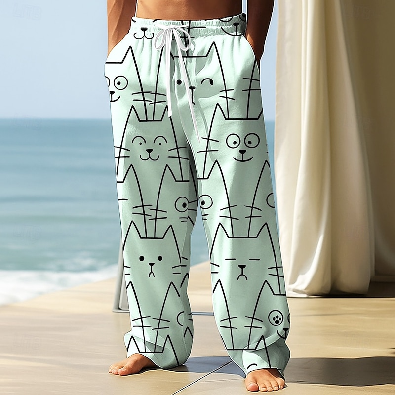 Men's Trousers Baggy Pants Casual Pants Elastic Drawstring Waist Linen-Like Pants with Pockets Animal Cat Funny Full Length Outdoor Vacation Casual White Pink Inelastic2