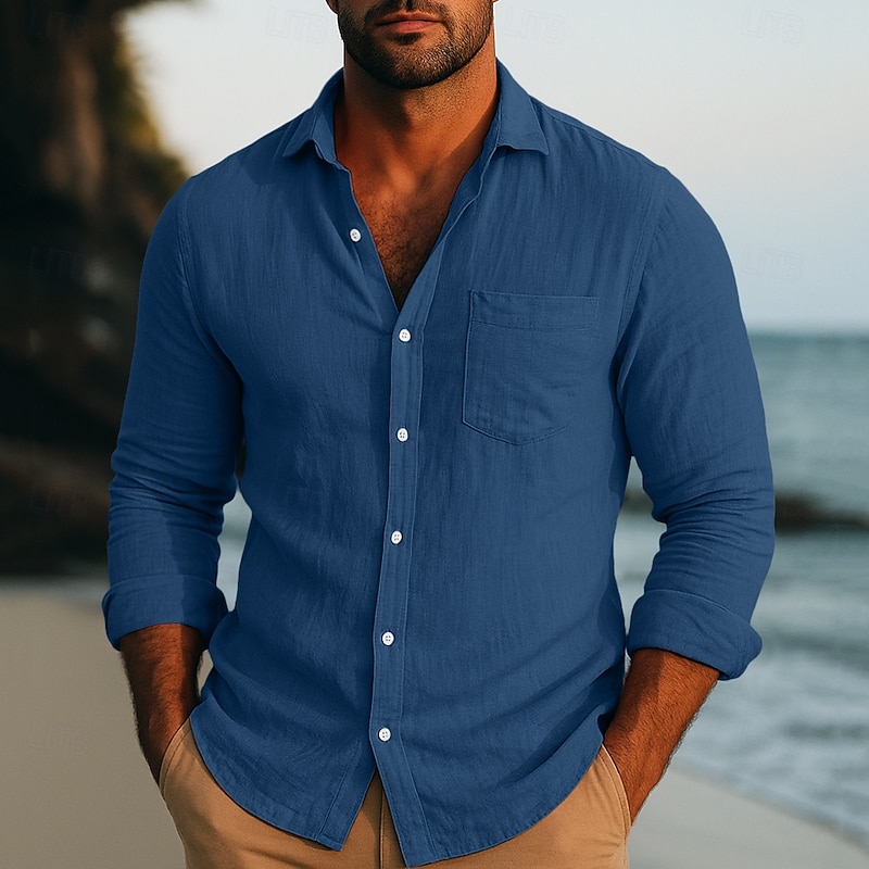 Men's Shirt Linen Shirt Plain Vacation Casual Pink Navy Blue Green Gray Long Sleeve Turndown Summer Spring Clothing Apparel Pocket