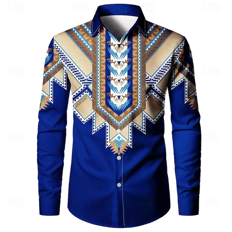 Men's Ethnic Indian Culture Navajo Pattern Shirt Button Up Shirt Casual Dress Shirt Long Sleeve Vintage Retro Vacation Daily Streetwear Summer Spring Turndown 3D Print Collared Shirts Dark Blue