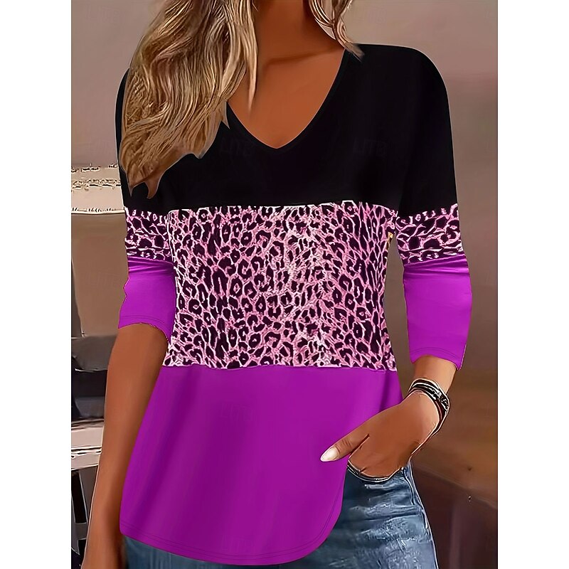 Women's T Shirt Graphic Leopard Color Block Vintage Stylish Classic Long Sleeve V Neck Regular Tops Daily Print Red Blue Purple Green Gray Spring Fall Winter4