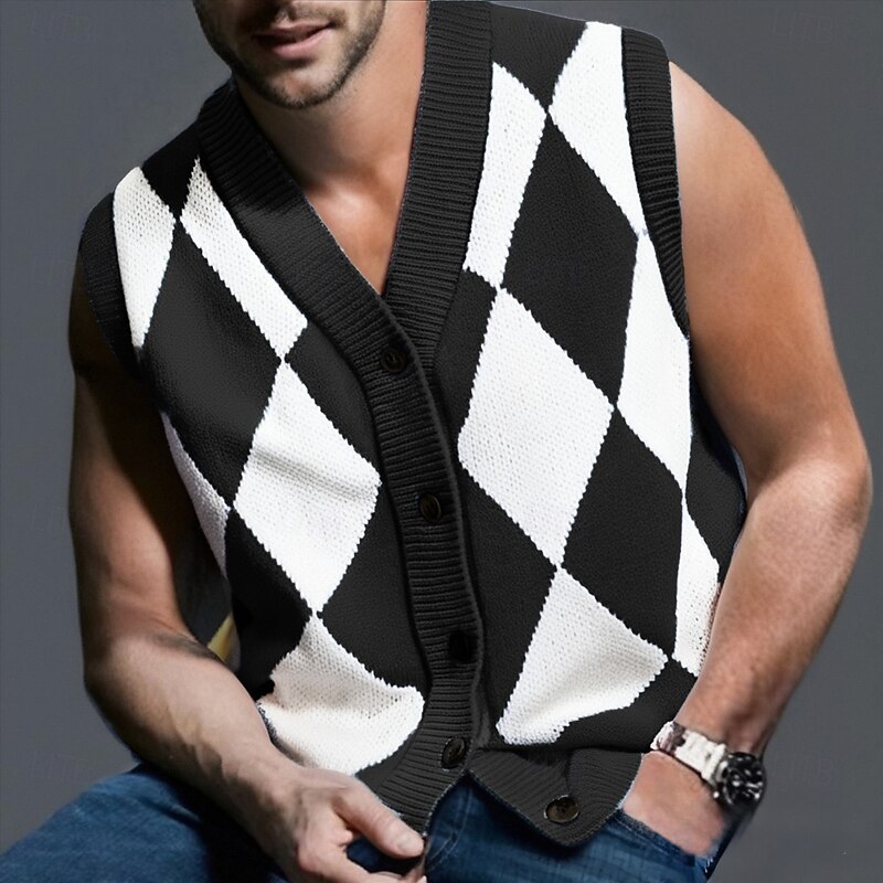 Men's Sweater Vest Vest Knitwear Cardigan Vest Ribbed Knit Regular Tops Buttons Argyle V Neck Fashion Classic Vacation Daily Wear Clothing Apparel Fall Winter Black Blue M L XL3