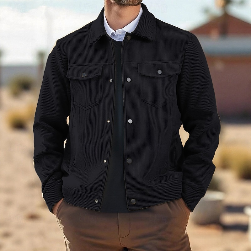 Men's Corduroy Shirt Shirt Jacket Winter Jacket Plain Vacation Daily Wear Black Army Green Beige Coffee Long Sleeve Lapel Fall Winter Clothing Apparel Pocket2