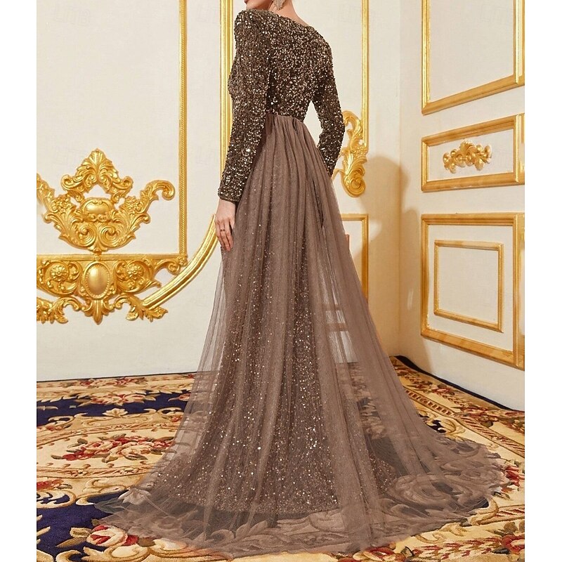 Mermaid / Trumpet Stretch Velvet Sequin Evening Gown Elegant Dress Formal Wedding Floor Length Long Sleeve V Neck Tulle with Slit 20253