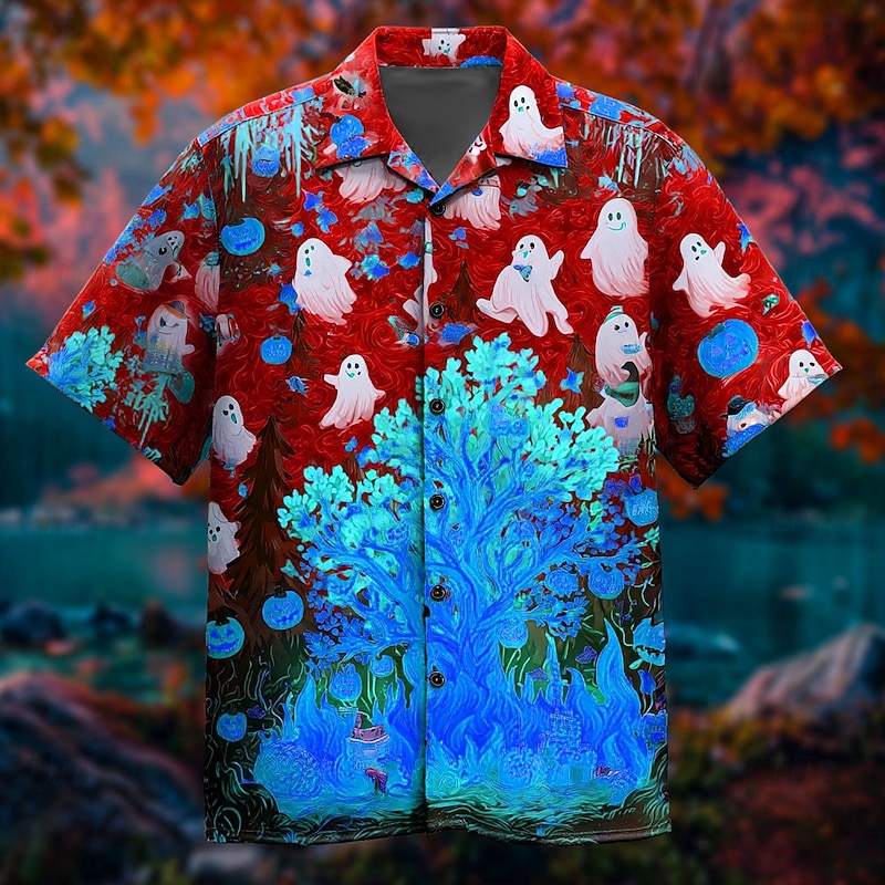 Halloween Men's Pumpkin Ghost Fire Shirt Cuban Collar Shirt Button Up Shirt Short Sleeve Dark Punk Gothic Style Holiday Streetwear Summer Camp Collar Shirt 3D Print Red Blue Purple Green2
