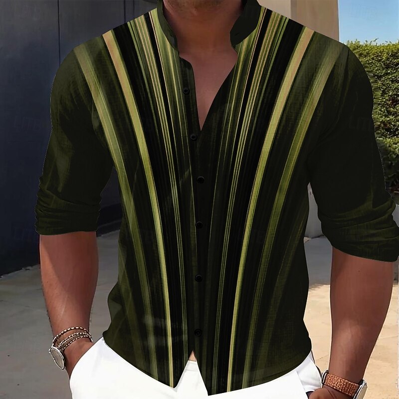 Men's Geometric Gradient Line Shirt Button Up Shirt Stand Collar Shirt Long Sleeve Casual Outdoor Vacation Daily Spring Fall Mandarin Collar Band Collar 3D Print Linen Like Shirt Yellow Blue Purple4