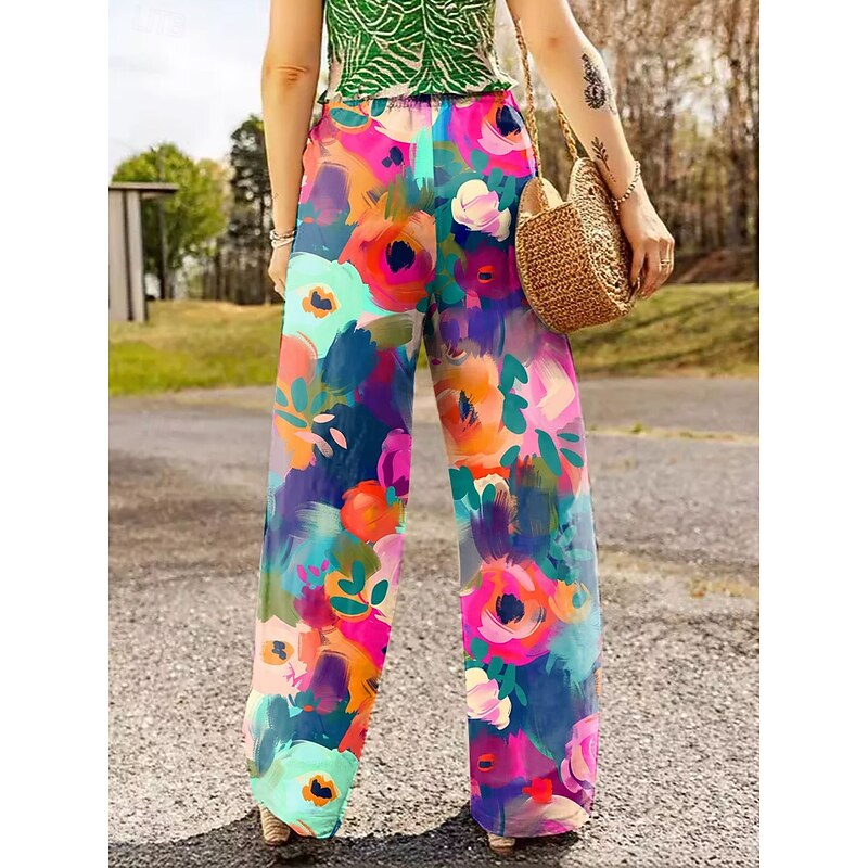 Women's Wide Leg Chinos Baggy Pants Vacation Vintage Fashion Full Length High Waist Floral Graphic Printing Soft Breathable Inelastic Formal Vacation Street Black Red Purple Green Summer Spring Loose4