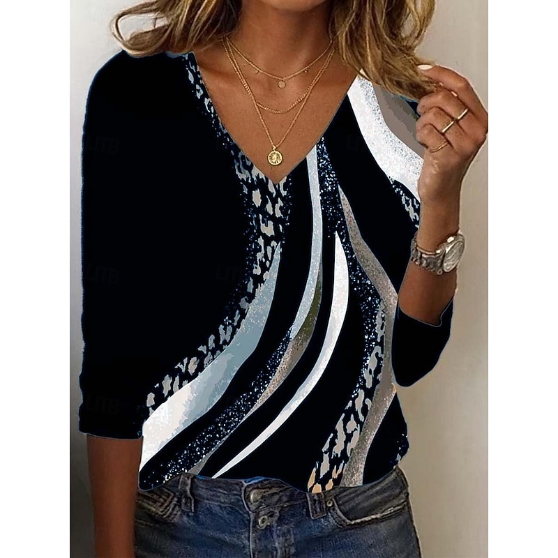 Women's Tunic T Shirt Leopard Color Block Letter Vintage Stylish Casual Long Sleeve V Neck Regular Tops Daily Sports Weekend Print Pink Blue Brown Green Fall3