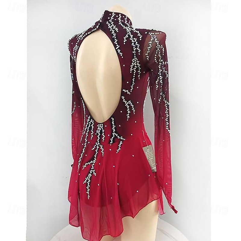 Figure Skating Dress Women's Girls' Ice Skating Dress Red Open Back Asymmetric Hem Mesh High Elasticity Training Competition Skating Wear Classic Crystal / Rhinestone Long Sleeve Ice Skating Figure3