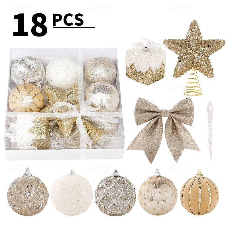 18 pcs Christmas Tree Balls Baubles Ornaments, 8 cm/3.15 inch Xmas Decoration, Premium White & Gold Foam Balls with Tree Top Star Hanging Set, Festive Holiday Tree Decor