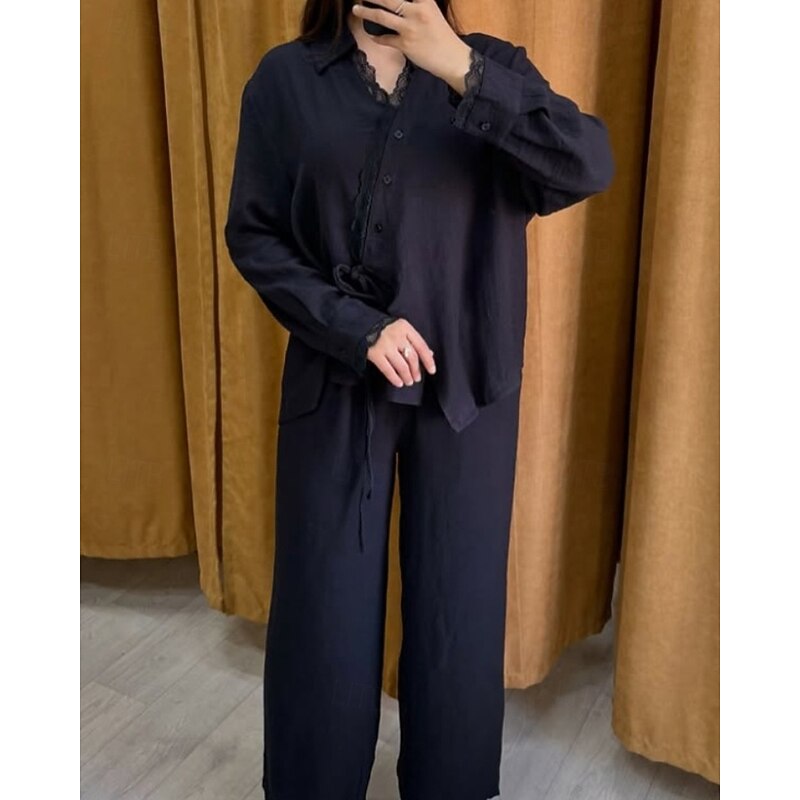 Women's Active Fashion Blouse Pants Sets Long Sleeve Shirt Collar Solid Color Lace Patchwork Outdoor Vacation Holiday White Navy Blue Light Blue Fall Regular Fit3