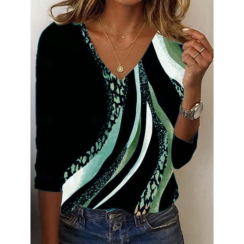 Women's Tunic T Shirt Leopard Color Block Letter Vintage Stylish Casual Long Sleeve V Neck Regular Tops Daily Sports Weekend Print Pink Blue Brown Green Fall4