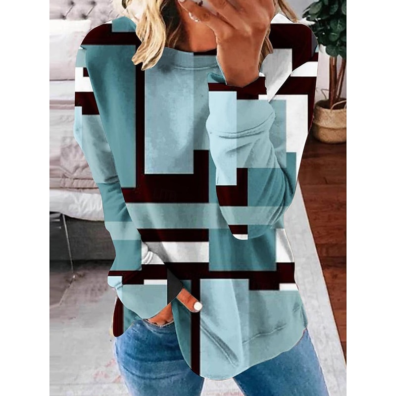 Women's Sweatshirts Graphic Geometric Vintage Casual Long Sleeve Crew Neck Regular Tops Dailywear Casual Print Blue Brown Dark Blue Gray Summer Spring Fall3