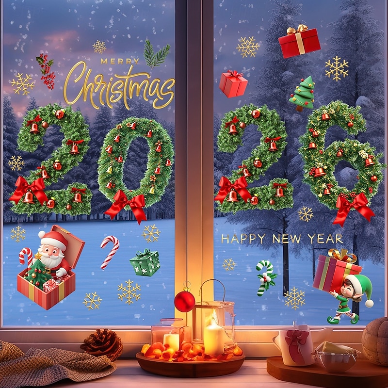 Christmas Window Clings Xmas Wall Sticker 2026 Holiday Decorations Green Pine Needle Bell Reusable Static Clings Non Adhesive Glass Stickers Indoor Outdoor Festive Door Window Decor2