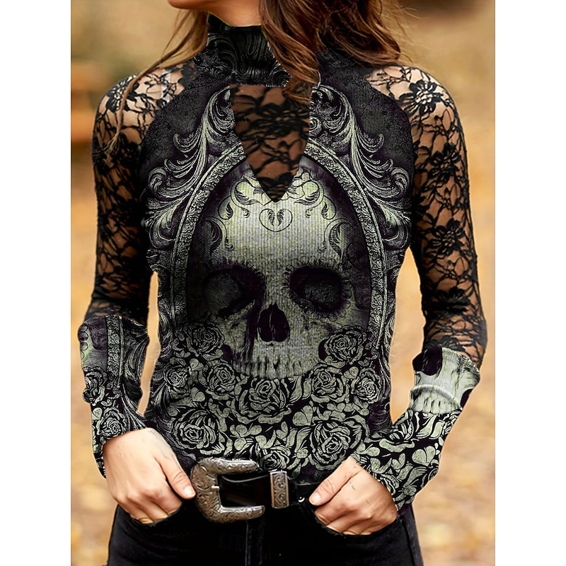 Halloween Women's Blouse Vintage Rock Hippie Long Sleeve High Neck Regular Tops Daily Print Black Green Spring Fall Winter3
