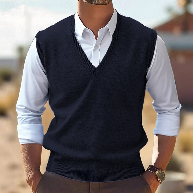 Men's Sweater Vest Dress Sweater Pullover Sweater Jumper Vest Knit Sweater Ribbed Knit Regular Tops Knitted Plain V Neck Fashion Casual Vacation Daily Wear Clothing Apparel Fall Winter Camel Wine S M4