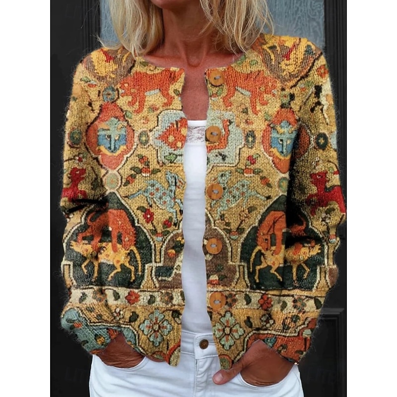 Women's Cardigan Sweater Knitted Ribbed Button Front Round Neck Long Sleeve Lightweight Daily Geometric Paisley Crew Neck Buttons Print Regular Tops Knit Outdoor Weekend Black Yellow Spring Fall3