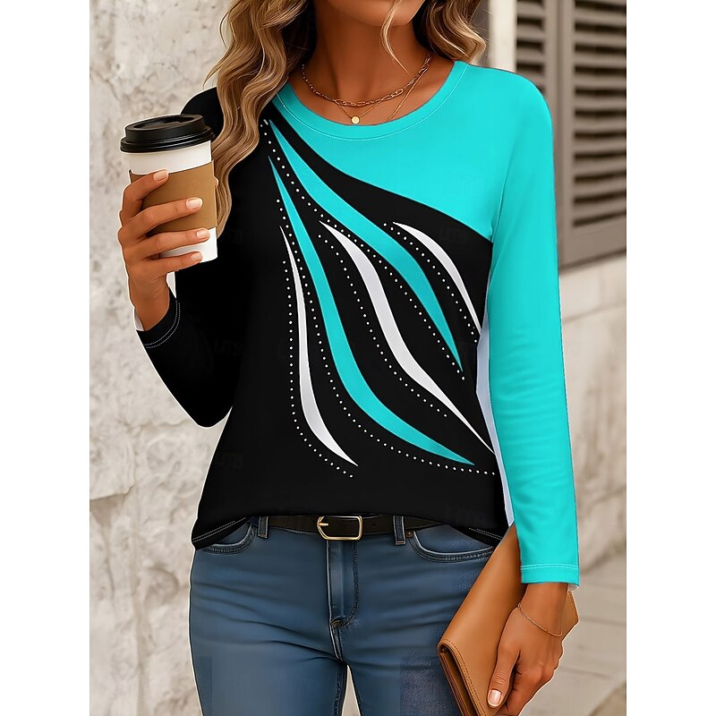 Women's T Shirt Graphic Geometric Abstract Vintage Fashion Stylish Long Sleeve Crew Neck Round Neck Regular Tops Daily Print Pink Red Blue Green Gray Spring Fall4