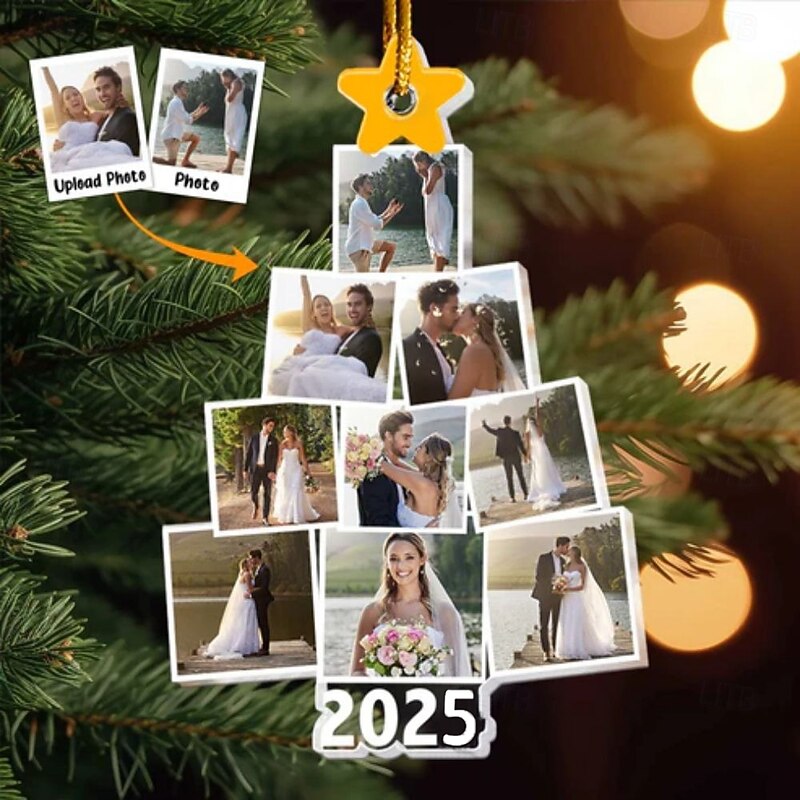 Personalized Christmas Tree Wedding Photo Ornaments Acrylic 2D Custom Picture Frame Decor Christmas Tree Xmas Decoration Hanging Pendant Gifts for Family and Friends