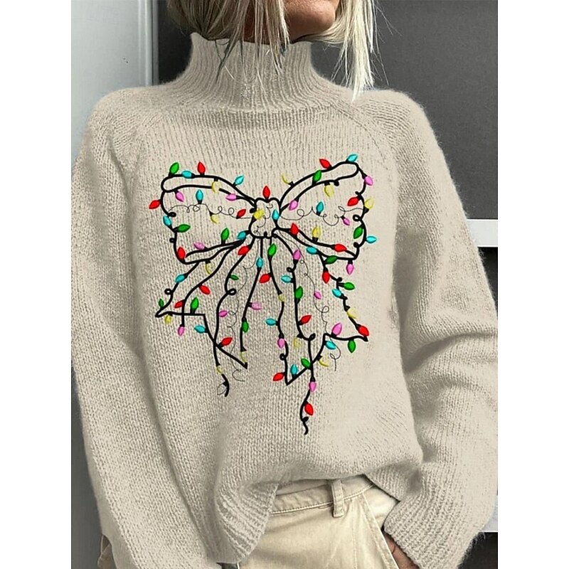 Women's Pullover Vacation Daily Tree Christmas Light Ribbed Turtleneck Knitted Print Long Sleeve Regular Tops Knit Outdoor Daily Holiday Camel Khaki Fall Winter4