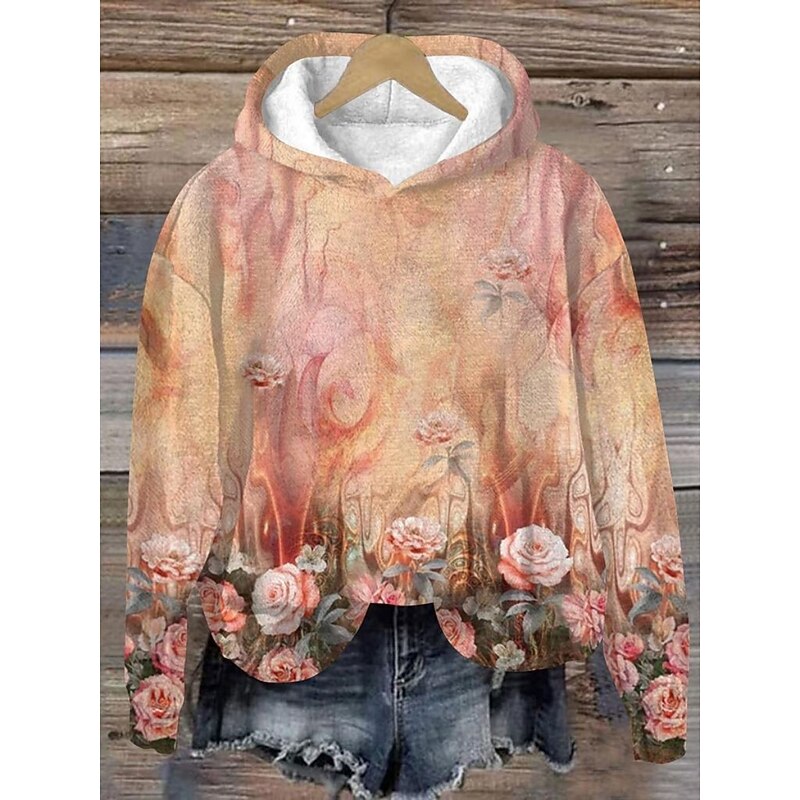 Women's Pullover Hoodie Sweatshirt Floral Streetwear Casual Long Sleeve Hooded Regular Tops Street Holiday Pocket Print Pink Wine Beige Fall Winter
