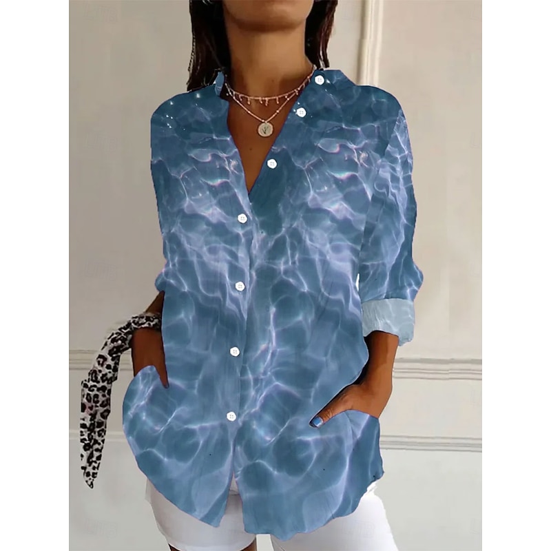 Women's Shirt Button Down Tunic Shirt Collar Long Sleeve Ombre Graphic 3D Elegant Vintage Tropical Bishop Sleeve Regular Tops Daily Holiday Print Red Blue Green Spring2