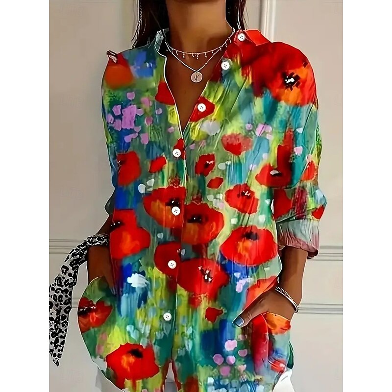 Women's Shirt Button Down Tunic Shirt Collar Long Sleeve Floral Graphic Vintage Tropical Stylish Regular Tops Work Daily s Print Red Spring Fall Winter2