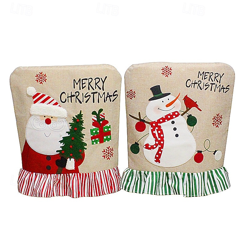 Christmas Chair Cover Embroidered Santa and Snowman Chair Back Covers with Lace Festive Holiday Seat Slipcovers Decorative Cushion Perfect Christmas Home Party Decoration2