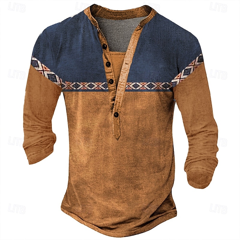 Men's Geometric Print T Shirt Henley Shirt Long Sleeve Designer Retro Vintage Ethnic Street Casual Daily Summer Spring Fall Black Green Navy Blue Brown Light Grey Henley Henley T-Shirt3