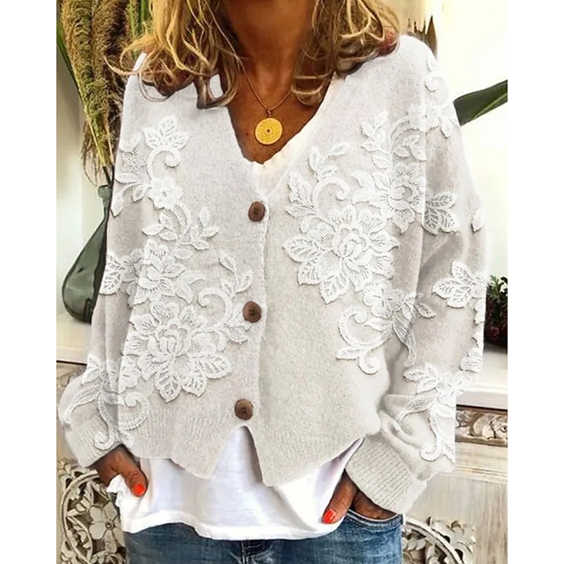 Women's Coat Casual Jacket Warm Comfortable Print Fashion Modern Casual Floral Going out Weekend Single Breasted Regular V Neck Regular Fit Long Sleeve Outerwear White Yellow Khaki Fall Winter2