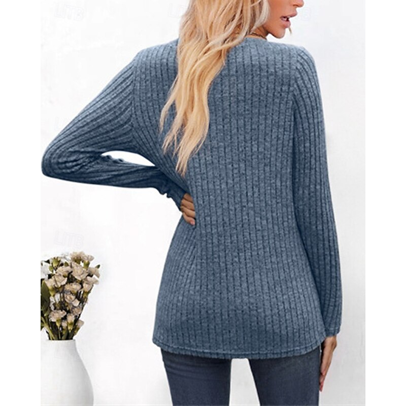 Women's Sweater Fashion Solid Color Ribbed V Neck Knitted Long Sleeve Regular Tops Knit Holiday Going out Weekend Black Wine Winter2