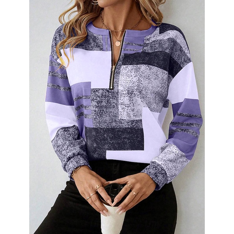 Women's Pullover Sweatshirt Zip Up Sweatshirts Graphic Geometric Fashion Casual Long Sleeve Crew Neck Round Neck Regular Tops Street Dailywear Zipper Print Light Pink Purple Fall Winter4