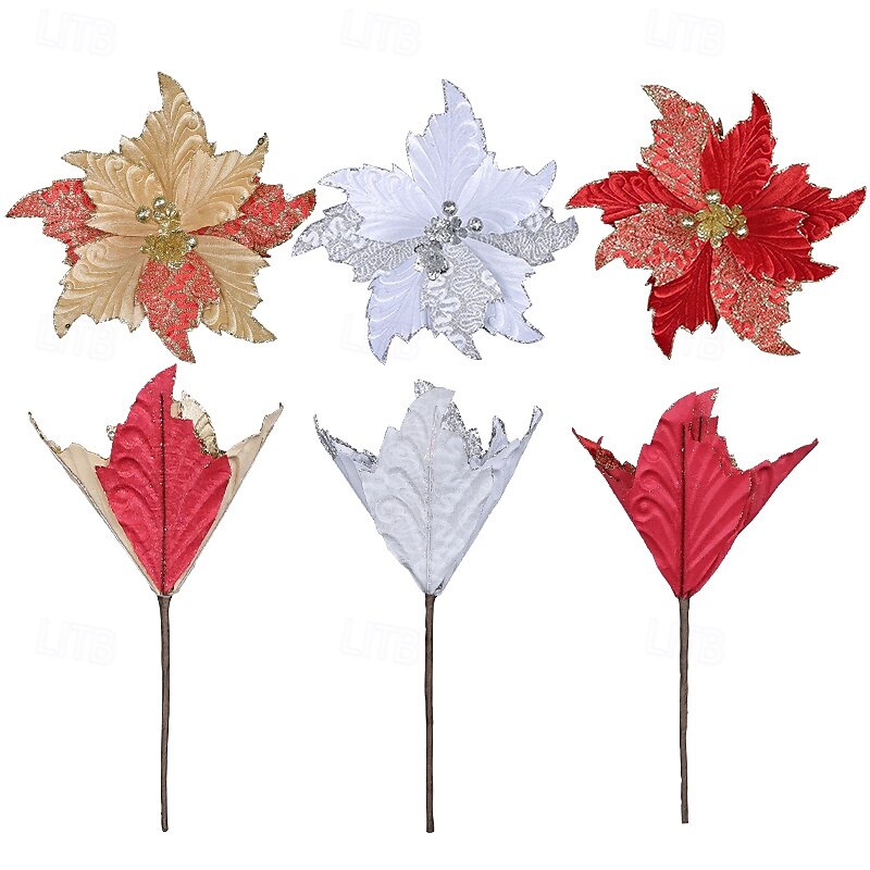 1pc Christmas Poinsettia Artificial Flower, 3-Layer Gold Glitter 3D Faux Floral, New Hong Kong Style Christmas Tree Hanging Ornament3