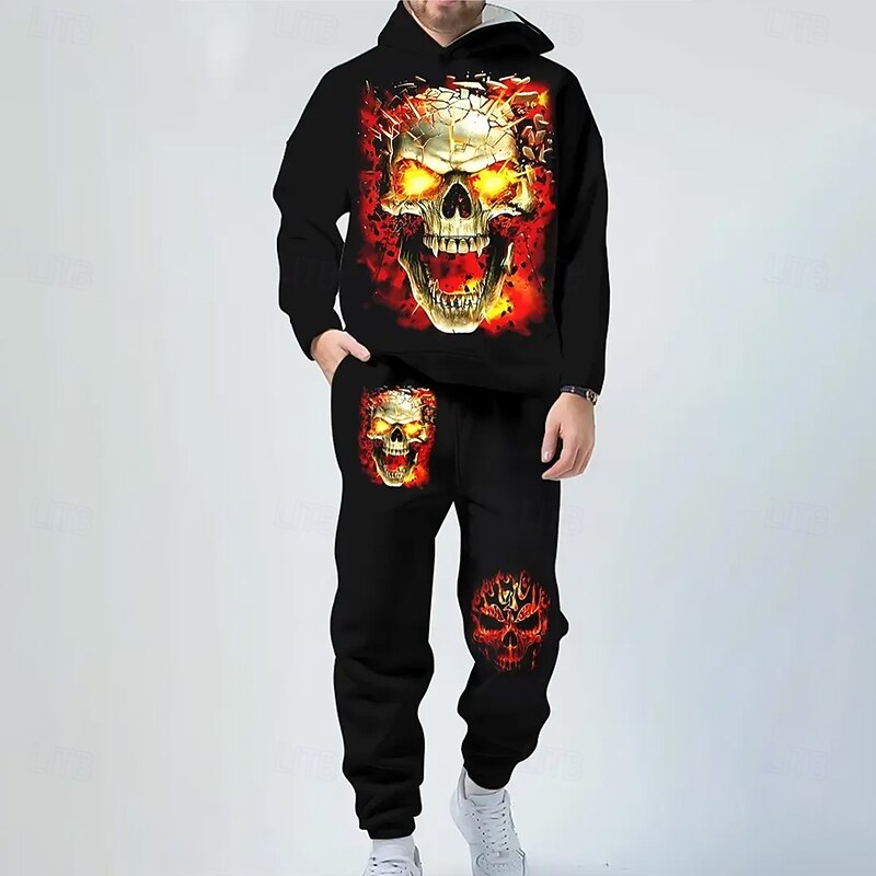 Halloween Men's Skulls 2pcs 3D Sweatshirt Sets Tracksuit Hoodie Sweatshirt Long Sleeve Long pants Hooded Casual Daily Athleisure 3D Print Spring Fall Winter Black2