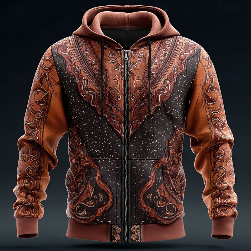 Men's Cowboy Costume Hoodie Jacket Sweatshirt Western Cowboy All Over Print Zip Vacation Streetwear Brown Green Zipper Fall Winter Designer2