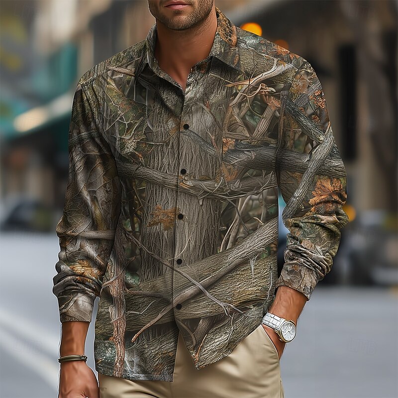 Men's Camo Camouflage Shirt Button Up Shirt Long Sleeve Vintage Retro Outdoor Camping & Hiking Hunting Spring Fall Turndown 3D Print Collared Shirts Gray