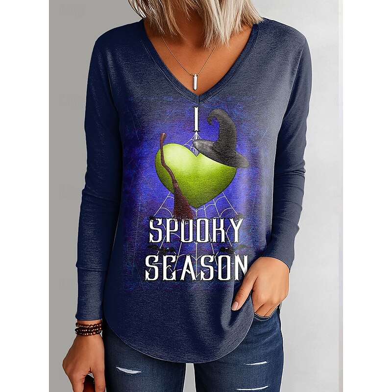 Halloween Women's T Shirt Graphic Halloween Elegant Vintage Stylish Long Sleeve V Neck Regular Tops Daily Going out Weekend Print Blue Purple Green Spring Fall4