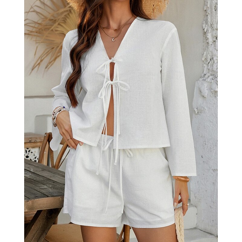 Women's Active Fashion Blouse Shorts Sets Long Sleeve V Neck Solid Color Lace up Daily Casual Daily Black White Army Green Summer Regular Fit4