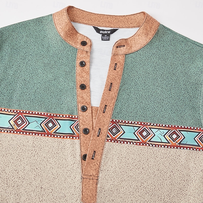 Men's Tribal T Shirt Henley Shirt Long Sleeve 3D Print Designer Retro Vintage Street Casual Daily Summer Spring Fall Lake Blue Navy Blue Brown Green Gray Henley Henley T-Shirt3