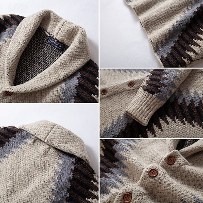 Men's Cardigan Sweater Cropped  Sweater Knit Sweater Ribbed Knit Regular Tops Buttons Geometric Lapel Fashion Classic Vacation Daily Wear Clothing Apparel Fall Winter khaki M L XL4