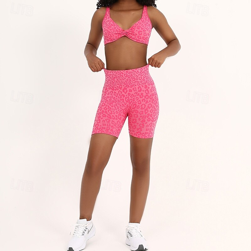 Women's 2 Pieces Yoga Sweatsuit Sports Bras Lounge Outfits  Leopard Clothing Suit White Pink Gym Workout Athletic High Waist Stretchy Breathable Tummy Control Sleeveless Sport Activewear3