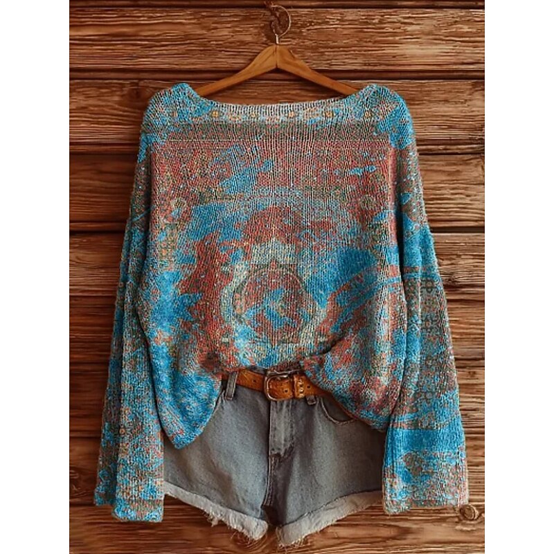 Women's Sweater Casual Soft Geometric Vintage Long Sleeve Crew Neck Regular Tops Daily Holiday Print Yellow Blue Purple Green Spring Fall Winter4