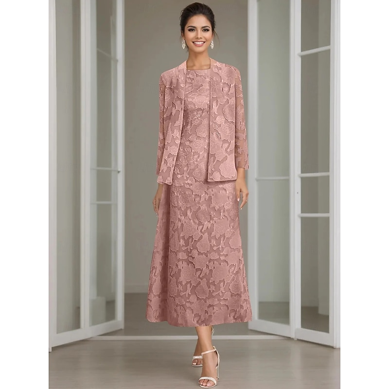 Blue Pink Two Piece A-Line Dress Sets Mother of the Bride Dress Elegant Crew Neck Ankle Length Chiffon Lace Long Sleeve with Solid Color