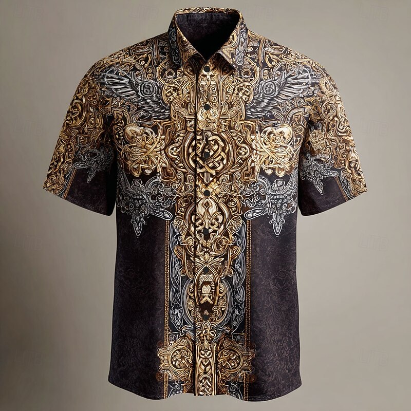 Men's Celtic Cross Shirt Summer Shirt Button Up Shirt Short Sleeve Vintage Retro Dailywear Holiday Summer Spring Turndown 3D Print Collared Shirts Front One Pocket Blue Brown Green Rose Red