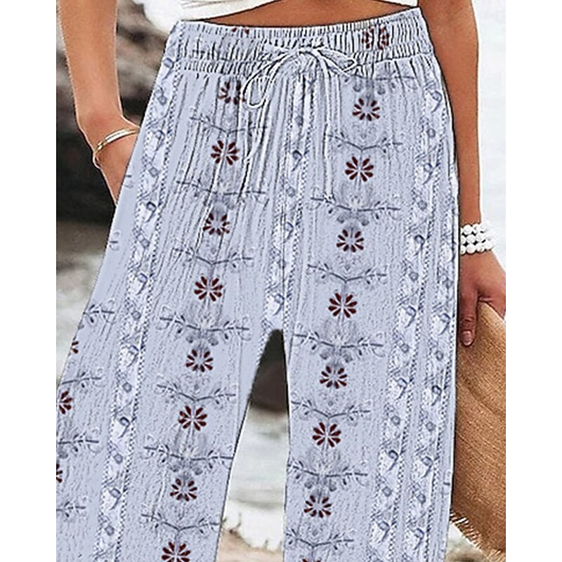 Women's Wide Leg Pants Trousers Palazzo Pants Fashion Boho Full Length High Waist Flower Drawstring Elastic Waist Print Breathability Comfortable Street Daily Wear Going out Light Blue Spring Fall2