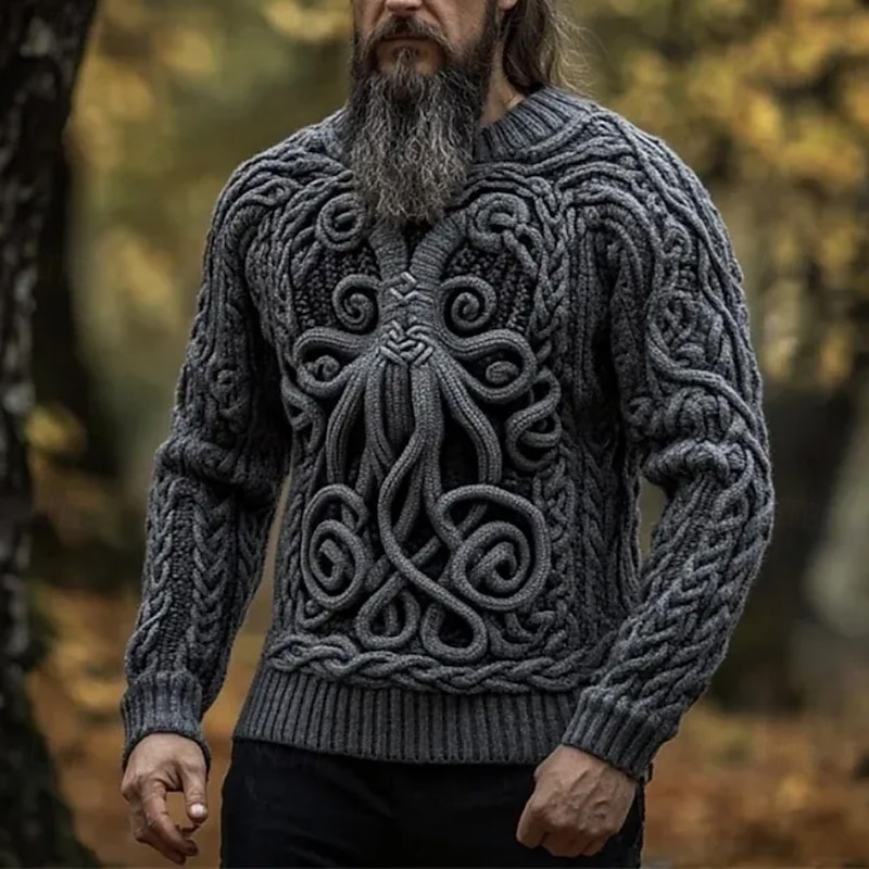 Men's Viking Pullover Sweater Jumper Knitwear Crewneck Retro Vintage Casual Vacation Street Daily 3D Print Knitting Keep Warm Long Sleeve Spring Fall Winter Black Blue Brown3