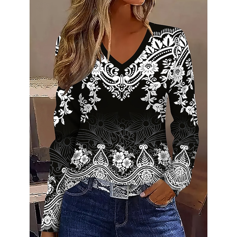 Women's T Shirt Graphic Plants Tribal Vintage Stylish Classic Long Sleeve V Neck Regular Tops Daily Print Black and White Spring Fall Winter