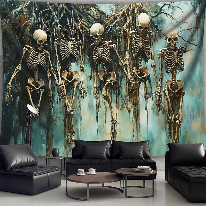 Skeleton Wall Tapestry – Gothic Hanging Bones Art with Creepy Forest Roots, Horror Halloween Wall Decoration for Living Room or Studio