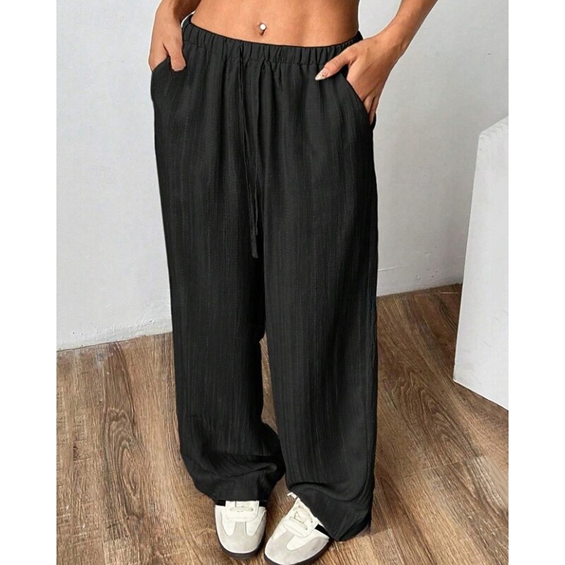 Women's Wide Leg Pants Trousers Palazzo Pants Fashion Streetwear Full Length High Waist Plain Elastic Waist Drawstring Breathability Comfortable Street Daily Wear Going out Black White Beige Summer4