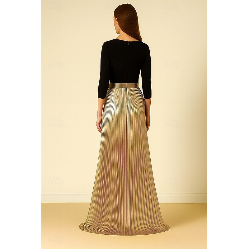 Black and Gold Metallic A-Line Evening Gown Elegant Dress Formal Wedding Floor Length 3/4 Length Sleeve V Neck Stretch Crepe with Pleats 20252