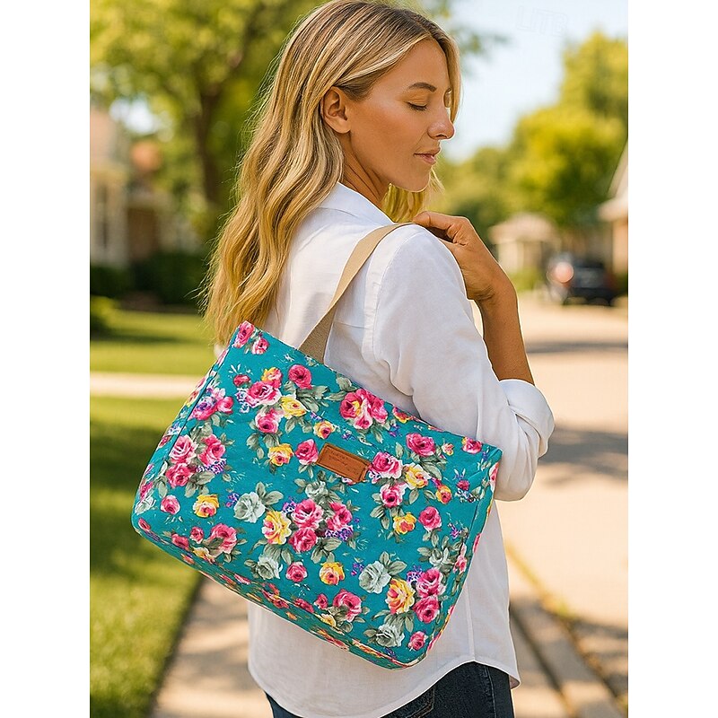 Women's Tote Shoulder Bags Canvas Shopping Casual Casual Daily Zipper Large Capacity Foldable Flower Black White Pink2